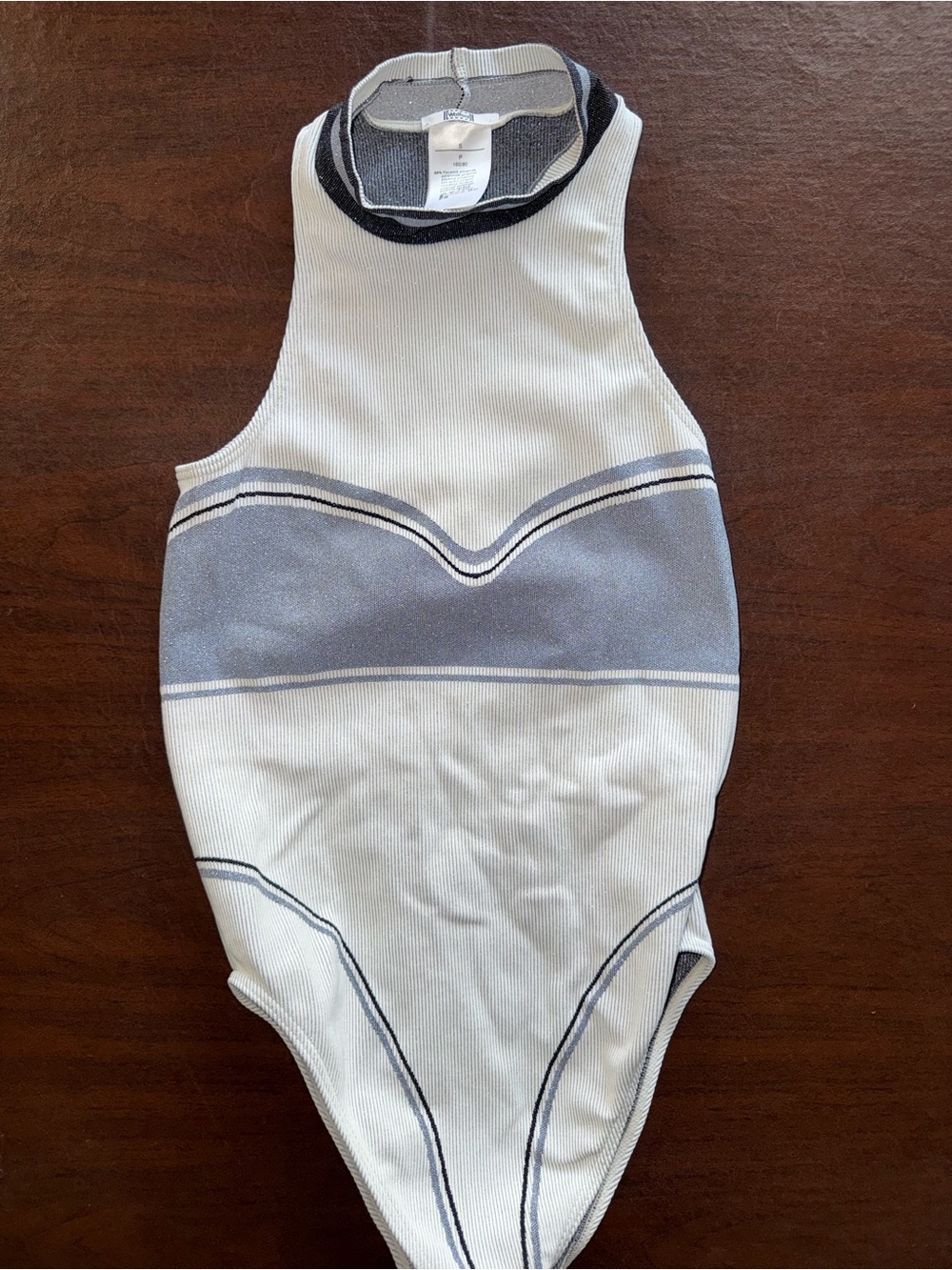 WOLFORD White and Silverish Blue One-Piece Ribbed Body Suit Sparkly